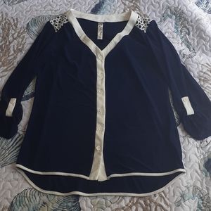 Navy blue and white dress blouse